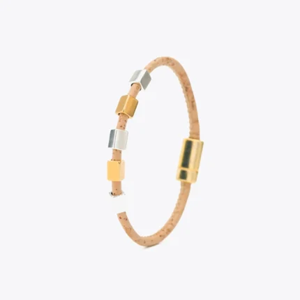 Natural cork bracelet with gold and silver beads