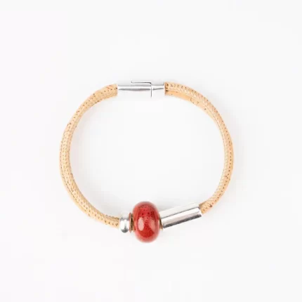 Natural cork bracelet with two turns and orange ceramic, round beads and silver tube