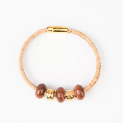 Natural cork bracelet with two turns, brown ceramics with golden nuggets, round beads and golden tubes