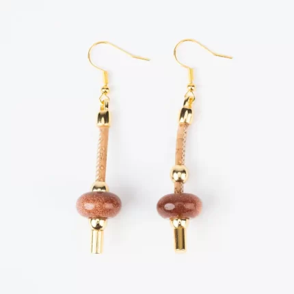 Cork earrings with brown ceramic with gold nuggets and beads