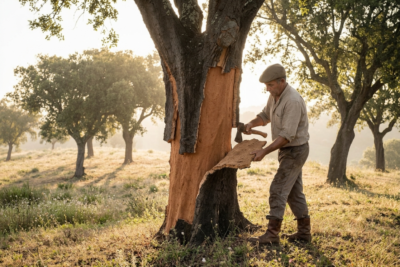 Skilled Portuguese worker harvesting cork by hand from a cork oak tree using a traditional axe during the cork harvesting season.