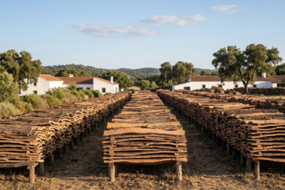 Freshly harvested Portuguese cork resting outdoors in traditional stacks during the natural curing process before becoming a Portuguese cork bag.