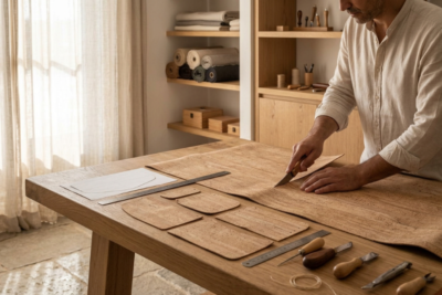 Skilled artisan cutting premium Portuguese cork by hand in a workshop to create a Portuguese cork bag.
