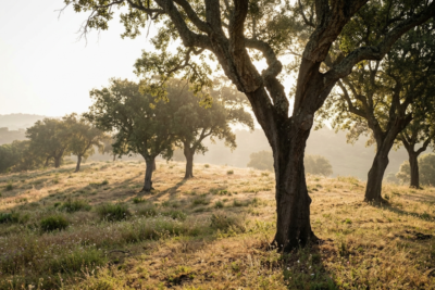 Sunrise over a Portuguese cork oak forest, where cork oak trees grow naturally before the cork harvesting process begins.