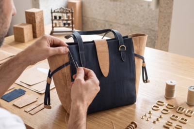 Artisan completing a Portuguese cork bag by hand in a workshop, adding the final details to a handcrafted Zolla handbag.