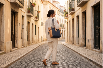 Woman walking through a historic street in Lisbon carrying a handcrafted Portuguese cork bag by Zolla.