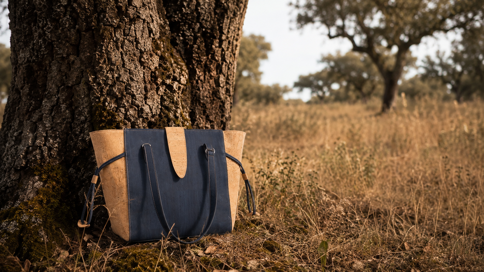 Portuguese cork bag by Zolla resting against a cork oak tree in a Portuguese forest, symbolising the journey from forest to fashion.